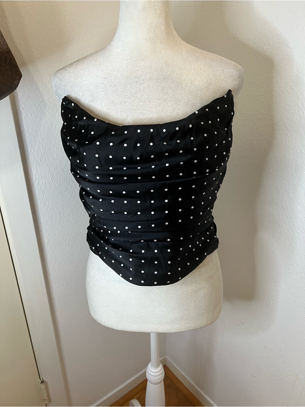 Bardot Black Strapless Corset Top with White Polka Dots
